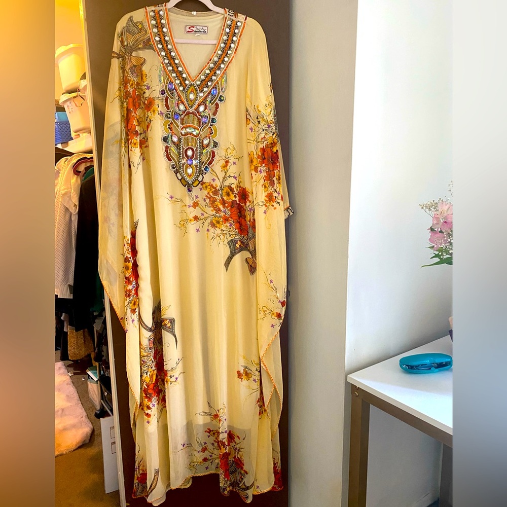Chiffon yellow with prints and stones Women dress dress